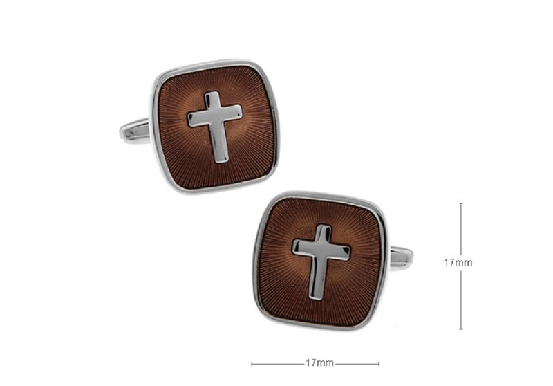 [Australia] - MRCUFF Cross Square Brown Christian Pair Cufflinks in a Presentation Gift Box & Polishing Cloth 