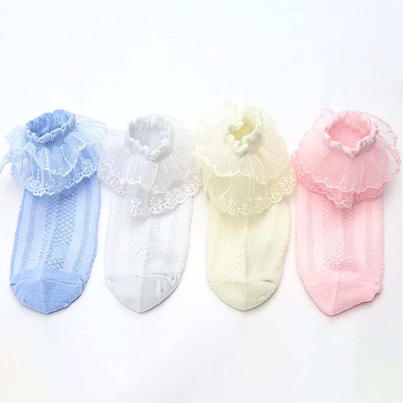 [Australia] - 4 Pairs Baby Toddler Girls Ruffle Socks White Princess Cotton Cute Lace Frilly Dress Socks for Little/Big Kids Multicolor 1-3T 