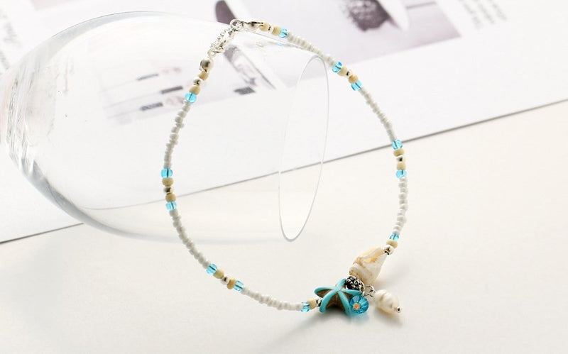 [Australia] - ZEKUI White Mini Bead Bracelet Beach Glass Beads Pearl Strings Women's Shell Blue Starfish Jewelry Handmade Adjustable Anklets Christmas Gifts 2pcs 