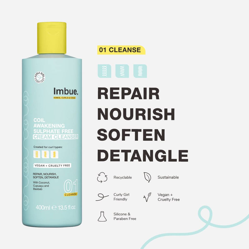 [Australia] - Imbue Coil Awakening Sulphate Free Cream Shampoo/Cleanser for Curly Hairs - Vegan, Wavy Curly & Coily hairs Curly girl Movement Complaint - 400 ML Paraben Free 4A-4C 400 ML Coil Cleanser 
