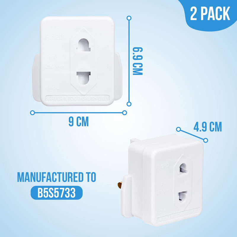 [Australia] - Invero® 2x Pack of Shaver Adaptor UK 3 Pin to 2 Pin Socket Plug Fuse ideal for Electric Toothbrush, Bathroom Shaving and more - White 
