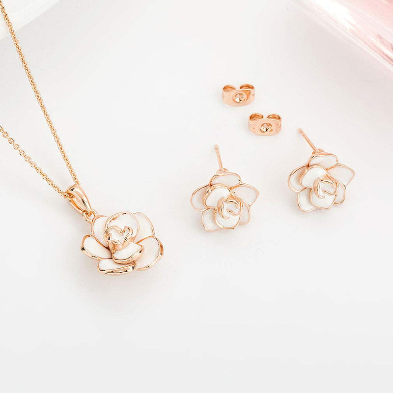 [Australia] - EVEVIC Rose Flower Necklace Earrings Set for Women 18K Gold Plated Hypoallergenic Jewelry Sets White 