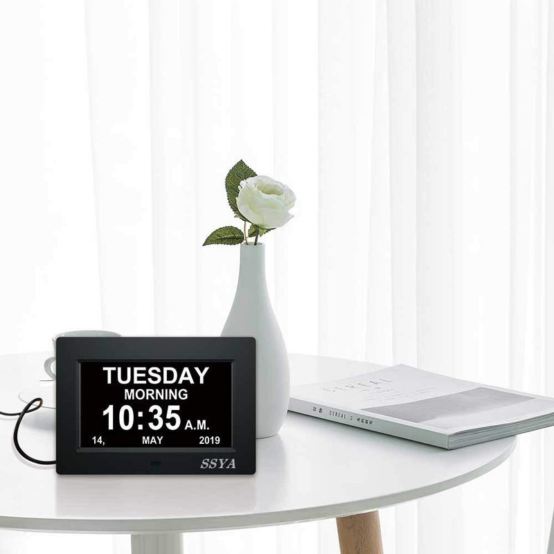 [Australia] - [Newest Version] 7 Inch Day Clock - 12 Alarm Options, Level 5 Auto Dimmable Display,Extra Large Impaired Vision Digital Clock with Non-Abbreviated Day & Month Alarm Clock (7 inch) Black 