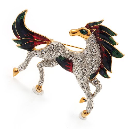 [Australia] - Avalaya Oversized Diamante Enamel Horse Brooch in Rhodium Plated Metal 