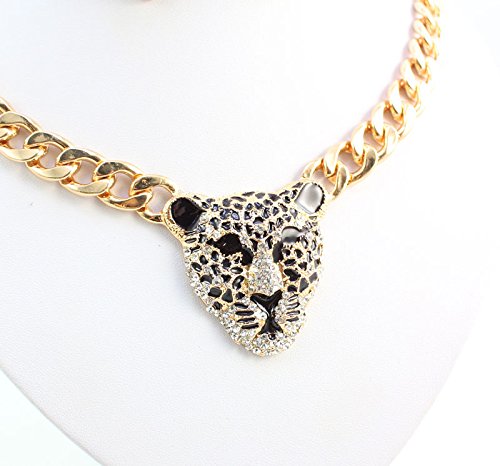 [Australia] - Cool Leopard Head Bracelet Earrings Necklace Ring Set 18k Gold Plated Rhinestone Chunky Curb Chain Costume African Jewelry Sets Jewelry Set 