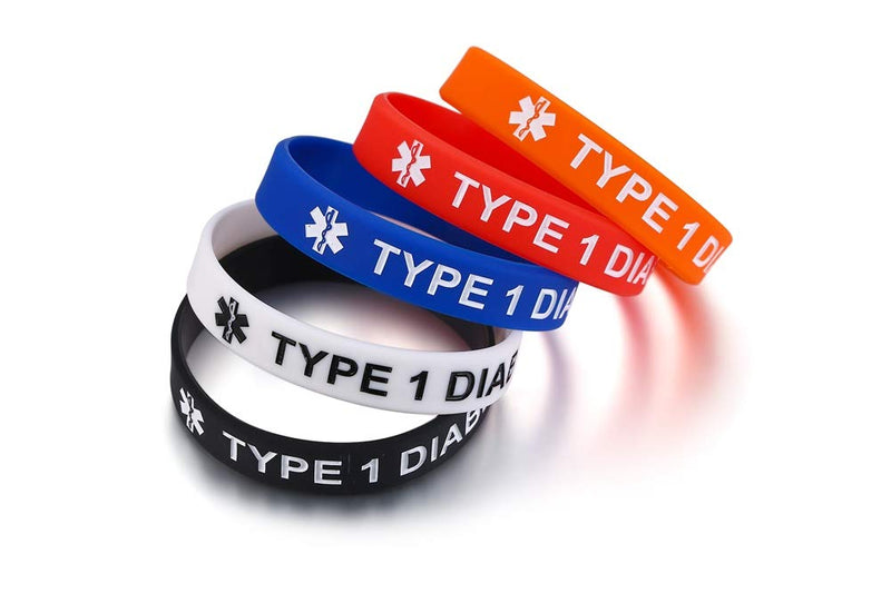 [Australia] - MEALGUET Pack of 5 Comfort Silicone Medical Alert ID Type 1 Diabetic Type 2 Diabetic Wristband Awareness Diabetic Bracelet for Kid Boys Girls, 6.7" B-Type 1 Diabetic 