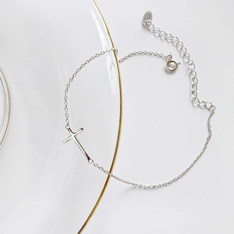 [Australia] - Cross Anklets for Women Teen Girls Men 925 Sterling Silver White Gold Plated Sideways Cross Adjustable Chain Classic Dainty Charm Foot Anklet Bracelet Baptism Birthday Gift Jewelry 