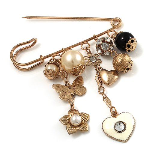 [Australia] - Avalaya 'Heart, Butterfly, Flower & Bead' Charm Safety Pin (Gold Tone) 