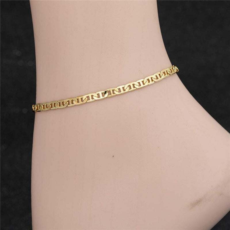 [Australia] - kelistom 14K Gold Plated Flat Marina Link Anklet, 4mm Wide Mariner Ankle Bracelets for Women, Soft and Waterproof Chain Anklet 9 10 11 inches 9.0 Inches 