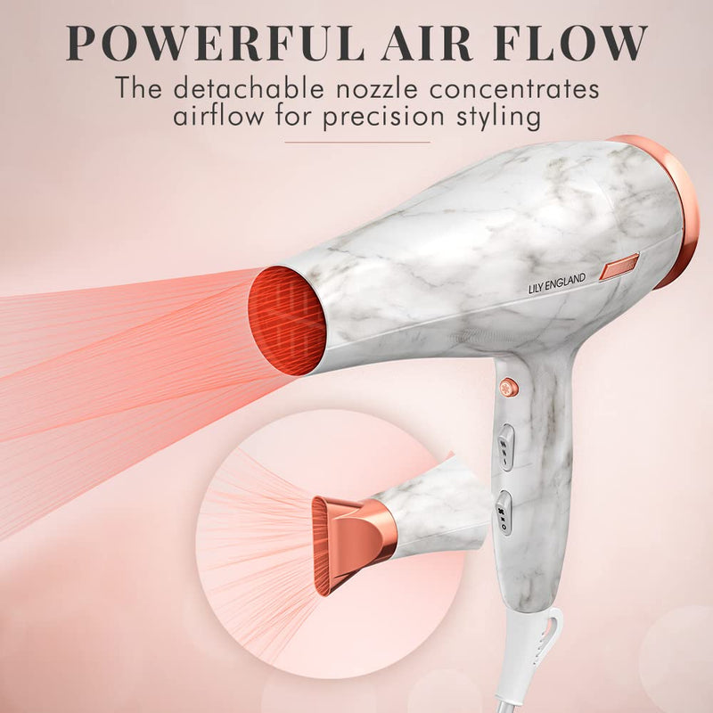 [Australia] - Hair Dryer, Lightweight Hairdryer for Women - 1800 Watts Blow Dryer with 2 Speed, 3 Heat Settings, and Cool Shot Button - by Lily England in Rose Gold / Marble (UK Plug) 