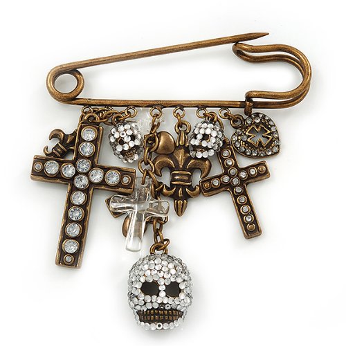 [Australia] - Avalaya 'Crosses, Hearts & Skulls' Charm Safety Pin Brooch in Bronze Finish Metal - 