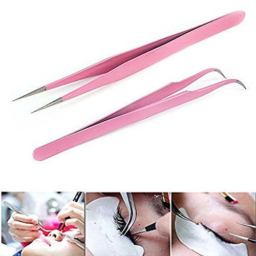 [Australia] - Onwon 2 Pcs Pink Stainless Steel Tweezers for Eyelash Extensions, Straight and Curved Tip Tweezers Nippers, False Lash Application Tools 