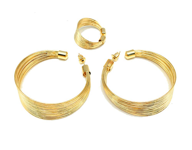 [Australia] - HENGYID African Art Style Multi-Layer Gold Plated Chain Choker Necklace Hoop Earrings Cuff Bangle Bracelet Ring Set 