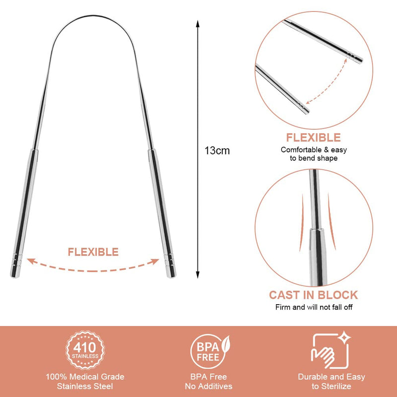 [Australia] - ACWOO Tongue Scraper, 2 Pack Stainless Steel Tongue Cleaners, Tongue Cleaner Tool for Oral Hygiene, Fresh Breath, and Reduce Bad Breath, Reusable Tongue Scrapers for Adults Silver 