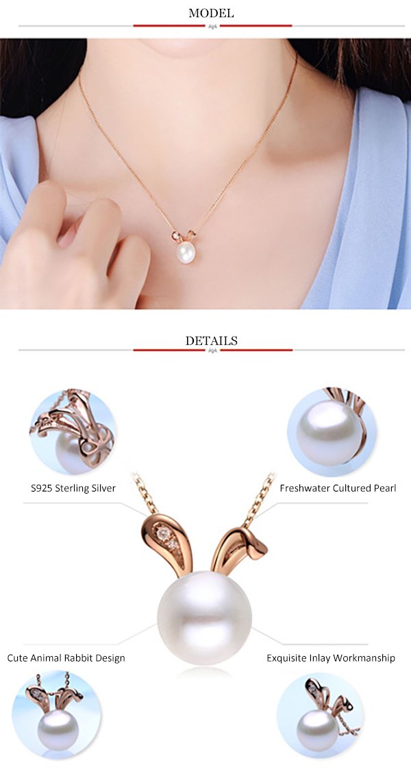 [Australia] - Freshwater Cultured Pearls Cute Animal Rabbit Pendant Delicate Jewelry S925 Sterling Silver Necklace Easter Valentine's Day Christmas for Girls Women - Rose Gold 