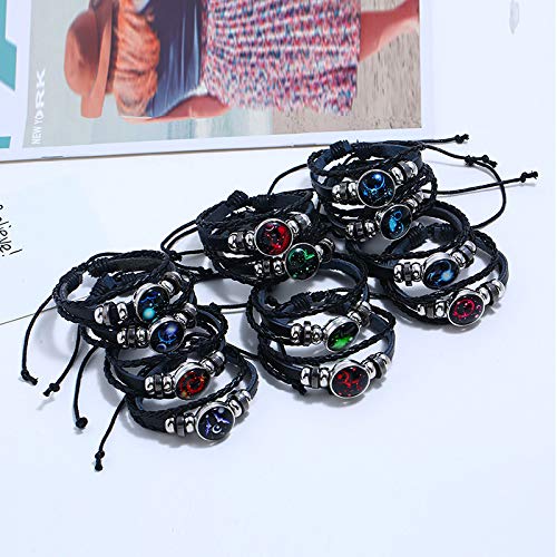 [Australia] - WLLAY 2pcs Retro 12 Constellations Beaded Hand Woven Leather Bracelet and Rectangle Pendant Necklace Zodiac Sign Jewelry Set Aries 