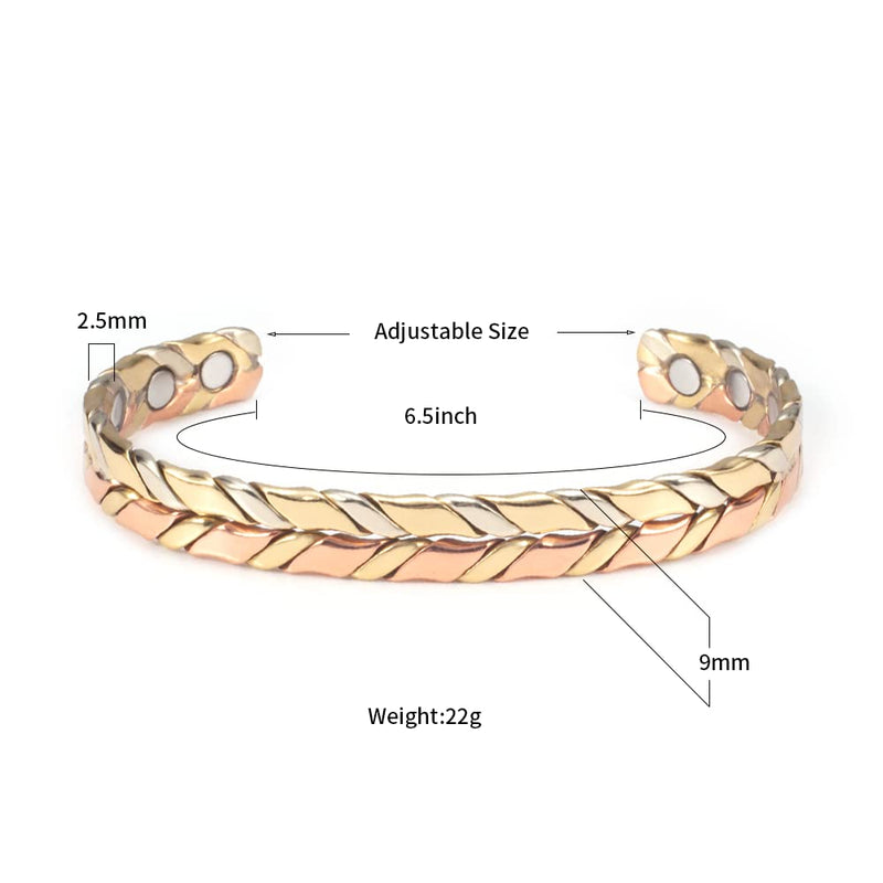 [Australia] - EnerMagiX Tri Tone Magnetic Copper Weave Bracelets for Women or Men, Copper Bangle with 8 Magnets, Adjustable Size, Women's Day Gift for Mom, Wife 