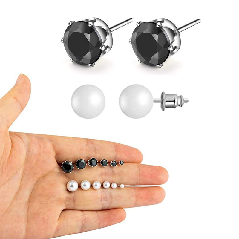 [Australia] - SUNSCSC Women's Stainless Steel Round Clear Cubic Zirconia Pearl Stud Earrings for Girls Gift 12 Pairs Black 