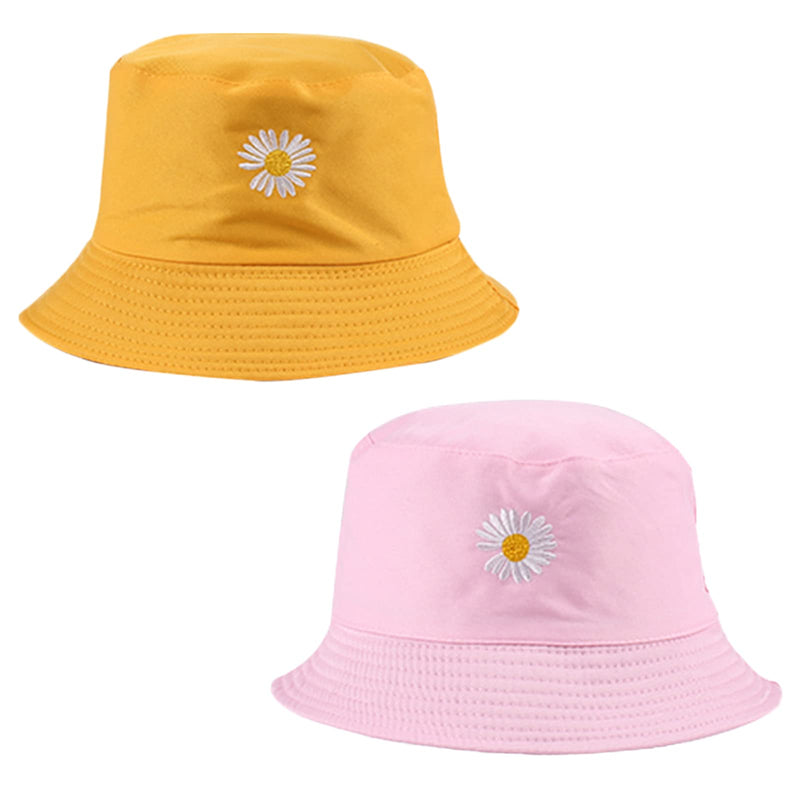 [Australia] - SUNTRADE Unisex Bucket Hat,Double-Side-Wear,Embroidery Hat Summer Travel Beach Sun Visor Outdoor Packable Cap PINK-YELLOW 