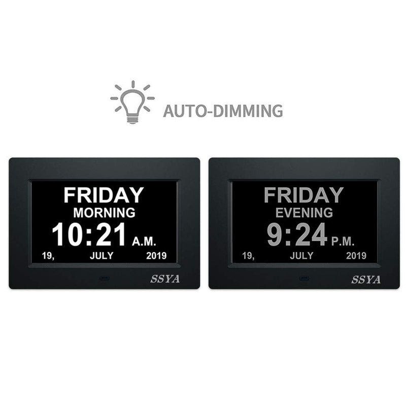 [Australia] - [Newest Version] 7 Inch Day Clock - 12 Alarm Options, Level 5 Auto Dimmable Display,Extra Large Impaired Vision Digital Clock with Non-Abbreviated Day & Month Alarm Clock (7 inch) Black 