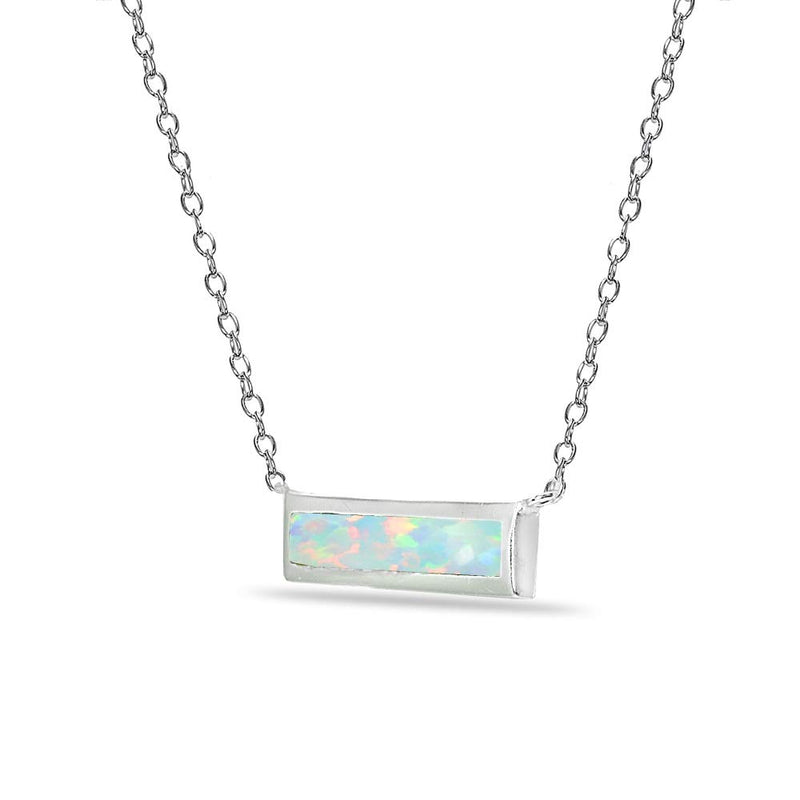 [Australia] - Sterling Silver Polished Inlay Minimalist Dainty Thin Horizontal Bar Necklace for Women Girls, Choice of 3 Synthetic White Opal 