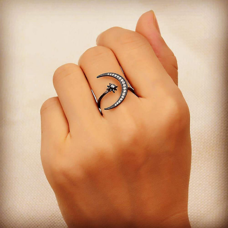 [Australia] - Angol Sterling Silver Crescent Moon Star Rings for Women Girls Adjustable Moon Ring 5A Cubic Zirconia Minimalist Ring Valentines Day Gift for Her with Box Black-white cz 6 