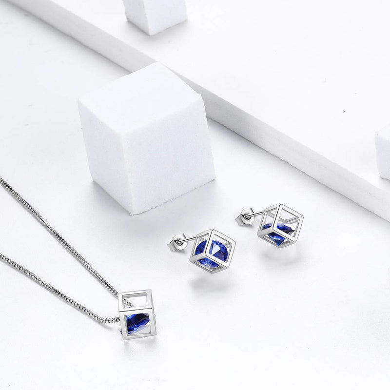 [Australia] - Birthstone Necklace/Earring 925 Sterling Silver Women Cross/3D Cube/Cresent Moon Birth Stone Jewelry Mens Birthday Gift Anniversary Present I.Blue-September-Sapphire 3d-cube-sets 