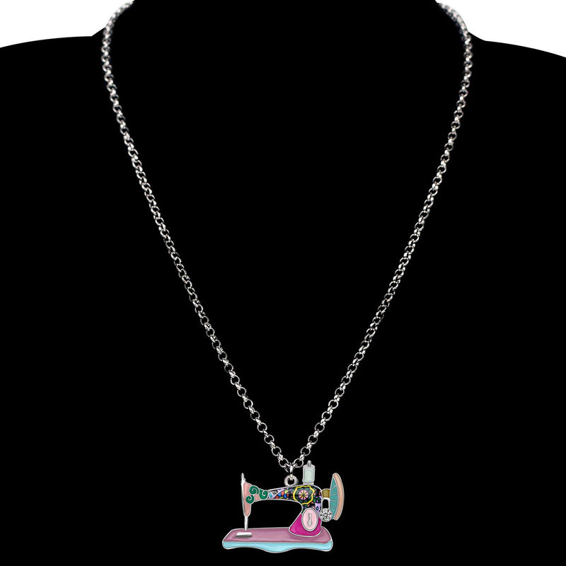 [Australia] - BONSNY Statement Enamel Rhinestone Chain Sewing Machine Necklaces Pendant Original Design for Women Girls Jewelry Pink 