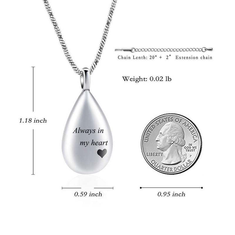 [Australia] - Carved Teardrop Keepsake Ashes Necklace Urn Pendant Cremation Memorial Jewelry Always in my heart 