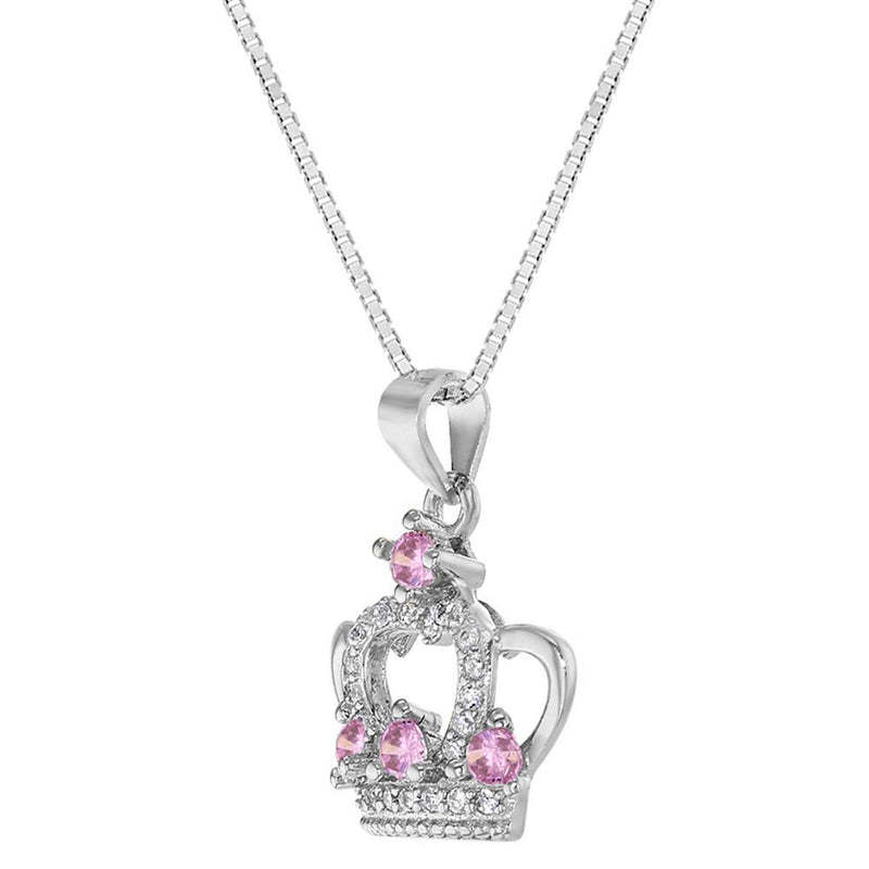 [Australia] - 925 Sterling Silver Clear Pink CZ Princess Crown Necklace Pendant Girls Kids 16" 