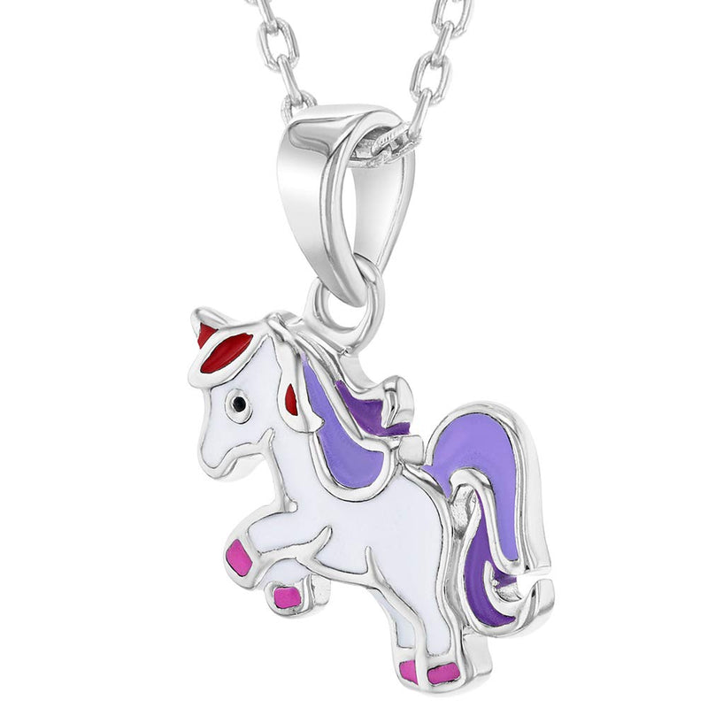 [Australia] - 925 Sterling Silver Purple Sweet Enamel Unicorn Necklace Pendant Girls Kids 16" 
