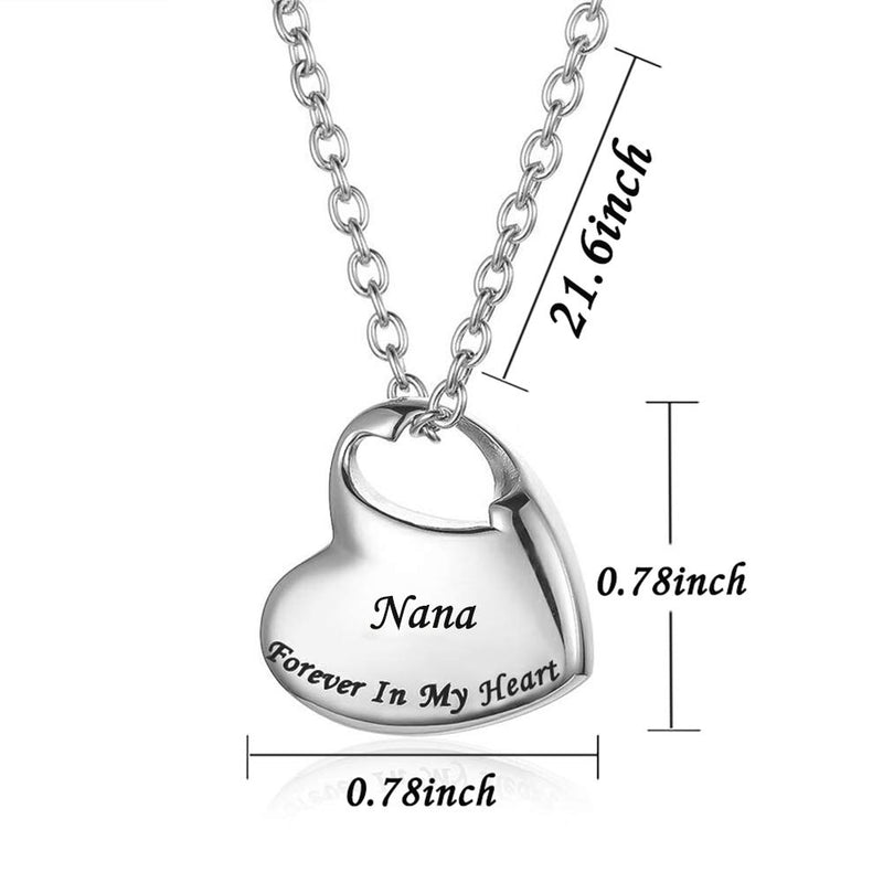 [Australia] - GISUNYE Cremation Urn Necklace for Ashes Urn Jewelry,Forever in My Heart Carved Locket Stainless Steel Keepsake Waterproof Memorial Pendant for mom & dad with Filling Kit (Nana)… 