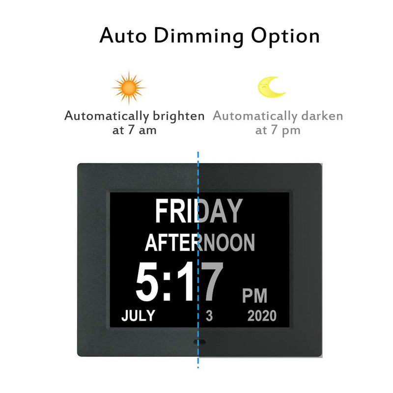 [Australia] - LaMi 7 inch Digital Day Calendar Clock with 8 Alarm ,Auto-Brightness,Extra Large Non-Abbreviated Date Day Time Dementia Clock for Elderly, Seniors,Vision Impaired 7 Inch Black 