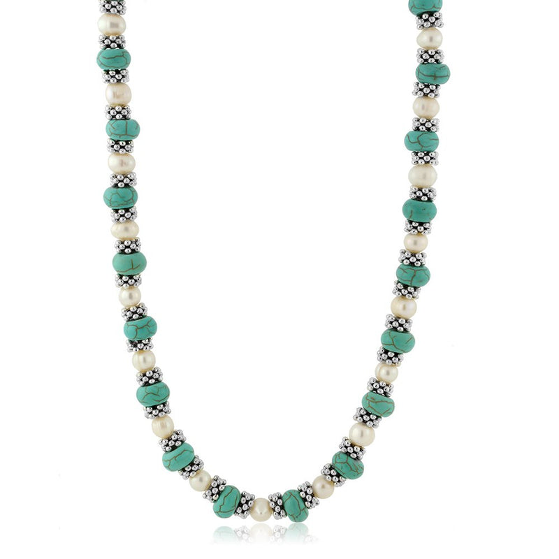 [Australia] - Gem Stone King 18 Inch Simulated Turquoise Howlite and Cultured Freshwater Pearl and Spacers Necklace + Earrings 