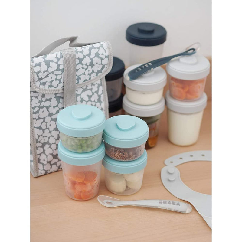[Australia] - Beaba Set of 12 Storage Pots and 2 Silicone weaning Spoons, Interlocking, Stackable Pots, 100% Airtight, Freezable, Breast Milk, 2x90 ml + 4x150 ml + 6x250ml, Eucalyptus 2 x 90 ml + 4 x 150 ml + 6 x 250ml 