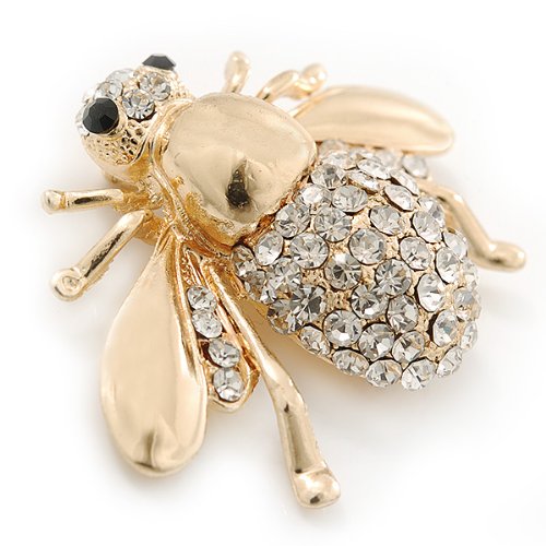 [Australia] - Avalaya Dazzling Diamante 'Bee' Brooch in Polished Gold Tone Metal - 50mm Width 