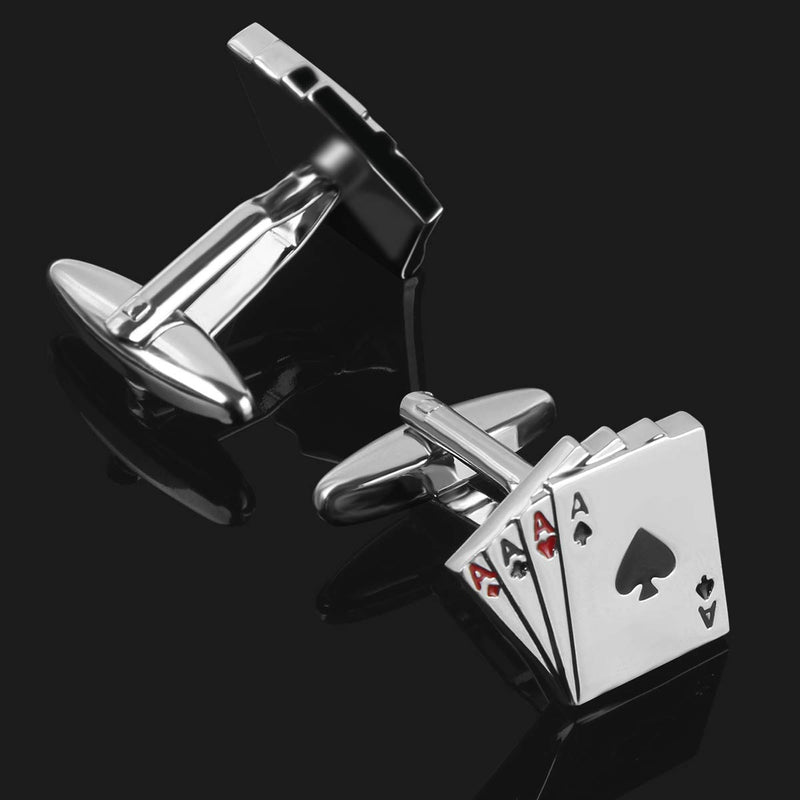 [Australia] - rhungift Cufflinks for Men- Brass Wedding Business Mens Gifts Playing Cards 4A Poker Shirts Silver -for Vegas Casino Night Event 