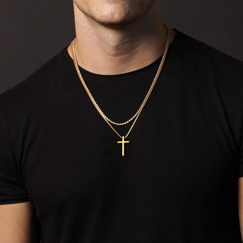 [Australia] - Ursteel Cross Necklace for Men, Silver Black Gold Stainless Steel Cross Pendant Necklace for Men, 16-30 Inches Box Chain 18.0 Inches Gold: Cross Pendant 0.8"*0.4" 