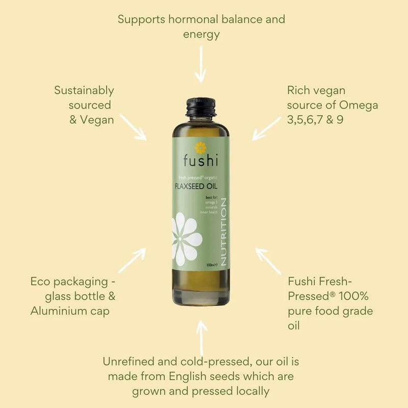 [Australia] - Fushi Organic Flax Seed Oil 100ml | Fresh & Cold Pressed | Rich in Omega 3 Essential Fatty Acids| Best for Inner Health, Dry Skin | Made from English Grown Seeds | | Ethical & Vegan | Made in The UK 