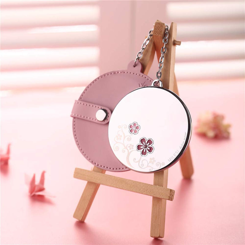 [Australia] - MILESI Cherry Blossom Mini Round Makeup Mirror with Leather Holster Gift for Women (Pink) Pink 