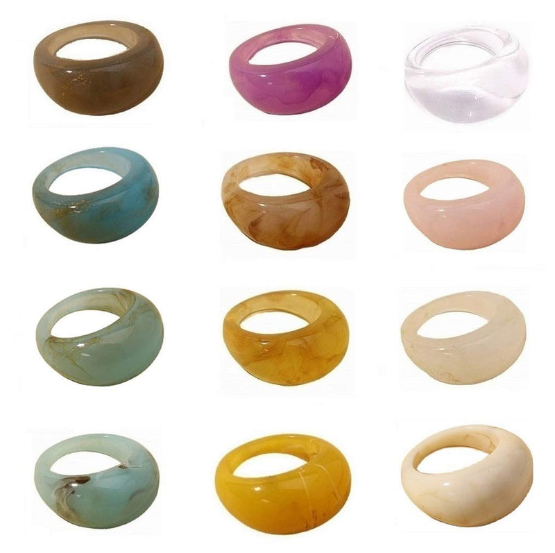 [Australia] - 12 pcs Colorful Resin Rings Wide Thick Dome Knuckle Finger Stackable Joint Ring Retro Acrylic Transparent Vintage Jewelry Party Elegant Handmade Gift (Size 6-8) 