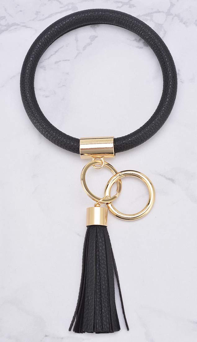 [Australia] - Coolcos Key Ring Bracelet Wristlet Keychain Bangle Keyring - Portable Leather Tassel Bracelet Keys Holder Women Gift 1-black Upgrade 