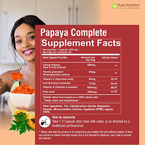[Australia] - Pure Nutrition Papaya Complete - 60 Veg Capsules (Supports Platelet Immunity & Digestion) Each Capsule Contains 500mg Carica Papaya Fruit and Leaf Extract. Non-GMO | Gluten-Free 