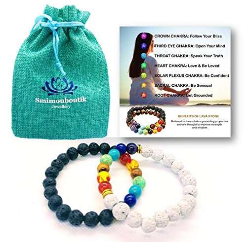 [Australia] - Smimouboutik Chakra Bracelet [2 PCS] + bag | Chakra book sent upon request only | Lava stone for all wrists - Men Women Stress Relief Reiki Yoga Diffuser Semi Precious 