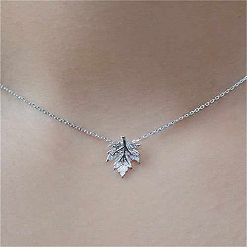 [Australia] - Fashionable Creative Natural Leaves Hemp Maple Leaf Pendant Necklace with Collarbone Chain silver 