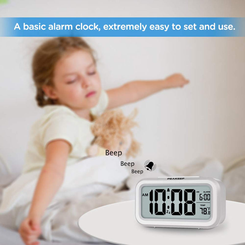 [Australia] - PEAKEEP Smart Night Light Digital Alarm Clock with Indoor Temperature, Battery Operated Desk Small Clock (White) White 