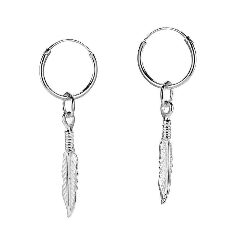 [Australia] - Fu You 925 Sterling Silver Earrings Feather Hoop Earrings Drop Earrings for Women Men Girls Hoops Diameter 16mm 