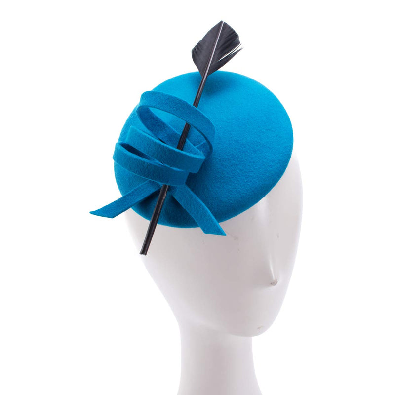 [Australia] - Ladies Curly Feather Felt Wool Fascinator Pillbox Tilt Cocktail Formal Hat A145 Blue 