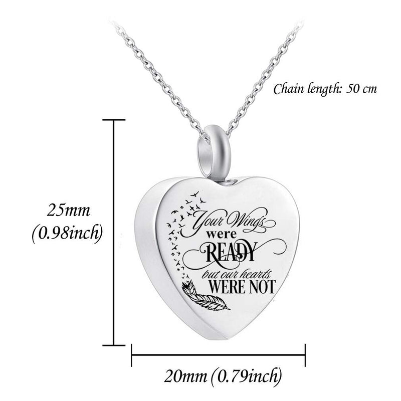 [Australia] - Heart Cremation Urn Necklace for Ashes Urn Jewelry Memorial Pendant with Fill Kit and Gift Velvet Bag - Your wings were ready but our hearts were not October 