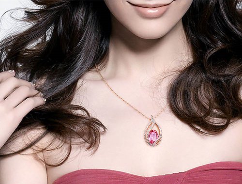 [Australia] - Rigant White Gold Plated Oval Shaped Swarovski Elements Crystal Hollow Style Teardrop Pendant Necklace Fashion Jewelry Clear and Hot Pink Multi 